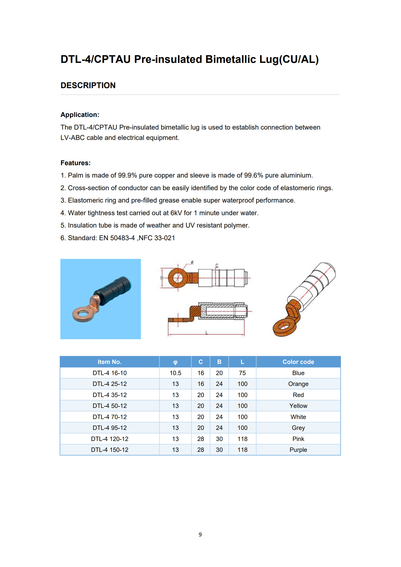 DTL-4(CPTAU) Pre-insulated Bimetal Cable Lugs detail 1
